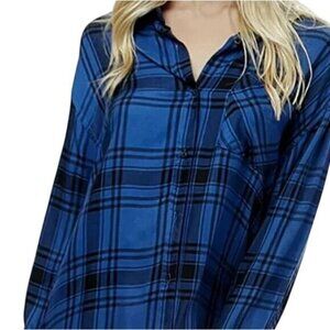 Plaid Blue Boyfriend Shirt Flannel Oversized Fit Long Sleeve Button-Down Pockets